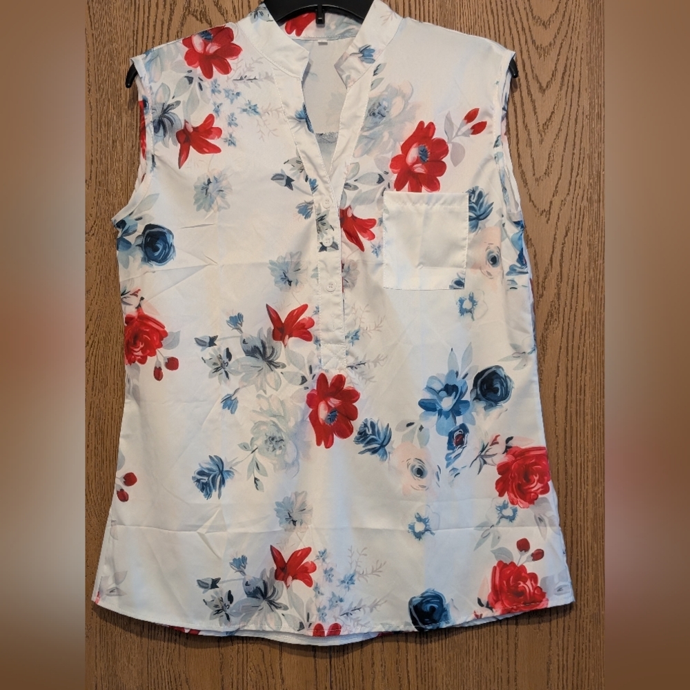 Floral Sleeveless Top - Red, White and Blue